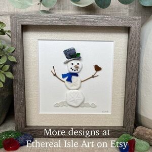 Jolly Snowman ~ Framed Christmas Seashell Art ~ Genuine Sea Glass, Seashells